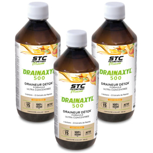 STC NUTRITION - Drainaxyl 500 - 4 actions : Brûle-graisses, Digestion ventre plat, Circulation jambes légères, Drainant, Détoxifiant - 23 Extraits de plantes dont Elim'Real® - Goût thé pêche - 500ml - Lot de 3