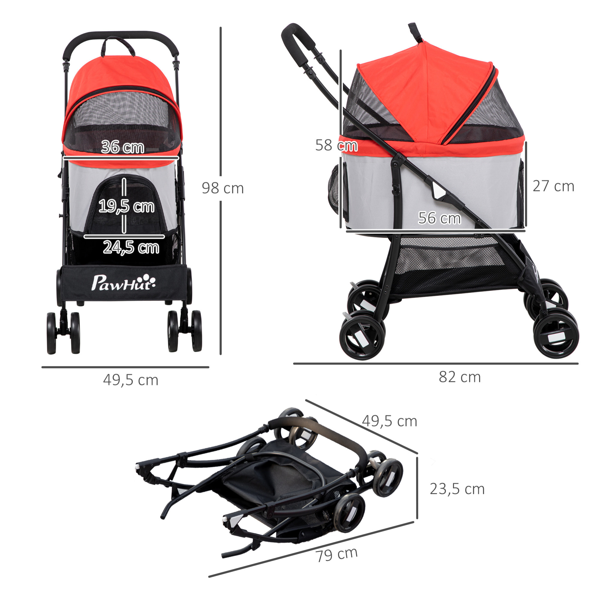 3 en 1 Cochecito para Mascotas Carrito para Perros y Gatos Desmontable Bolsa de Transporte Plegable con Cesta de Almacenaje y Frenos Tela Oxford 600D Carga 15 kg 82x49,5x98 cm Rojo