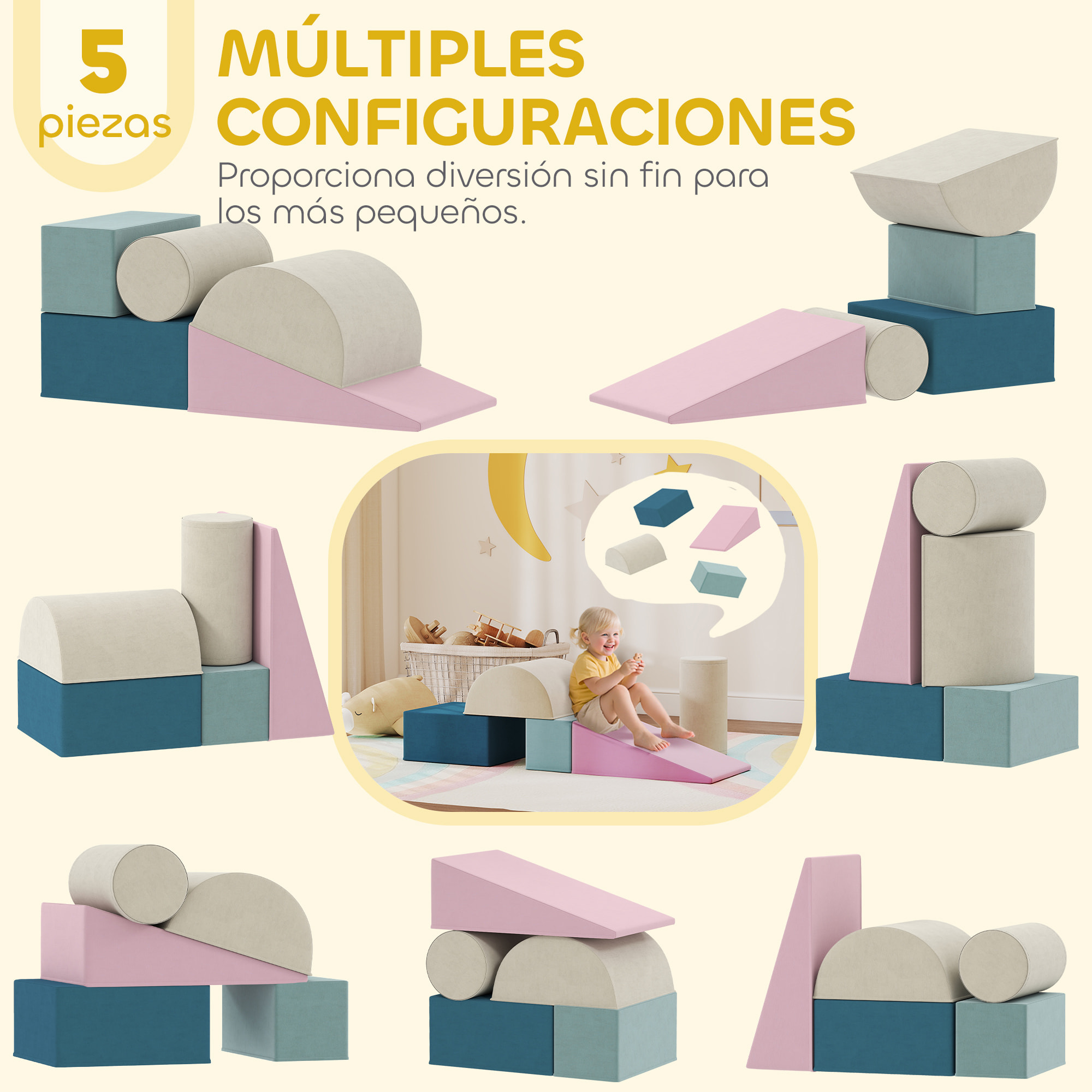 Juego de 5 Bloques de Espuma para Niños, Fundas Extraíbles, Bloques de Psicomotricidad, Figuras de Construcción, Juguete para Aprendizaje para Escalar y Gatear, Multicolor