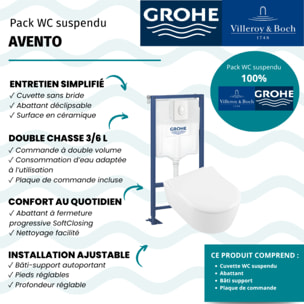 Pack WC suspendu sans bride Avento + abattant + bâti-support autoportant + plaque blanche