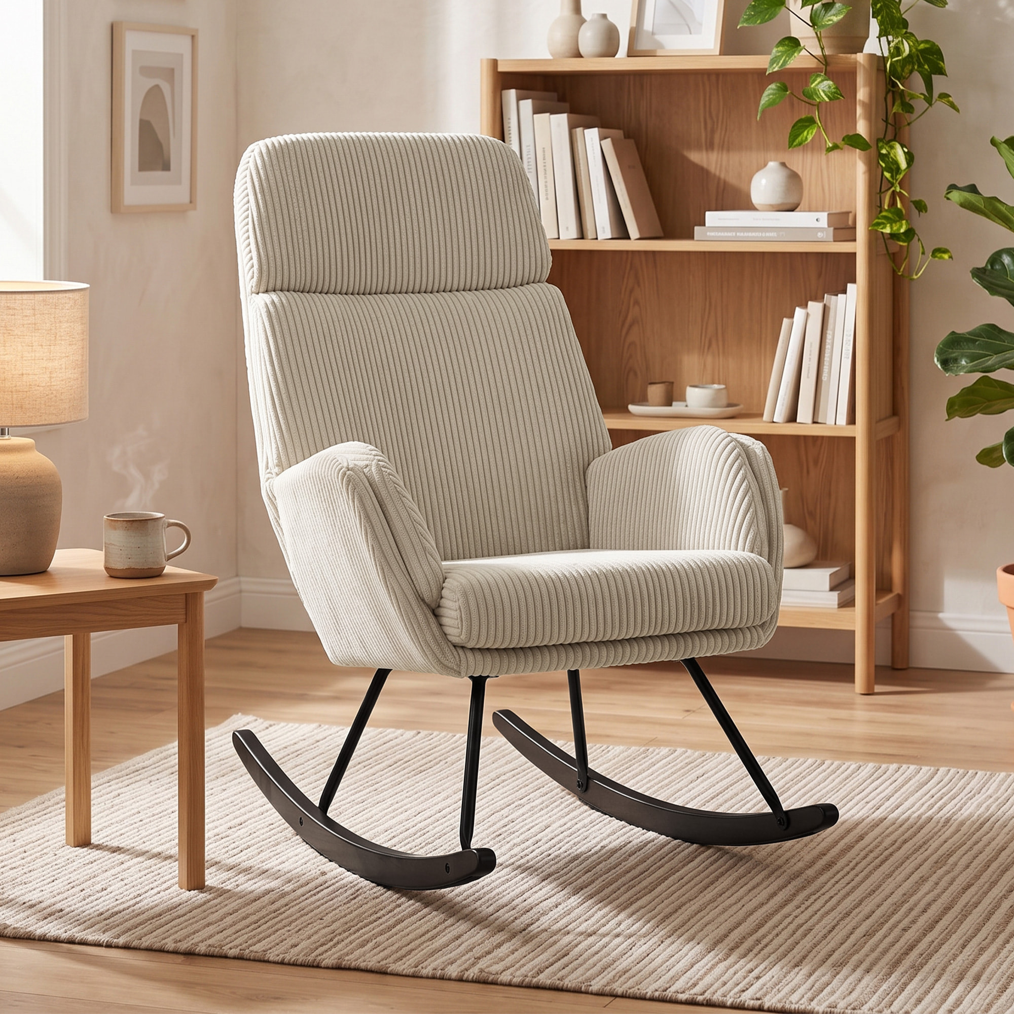 Fauteuil à bascule velours côtelé beige métal bois noir