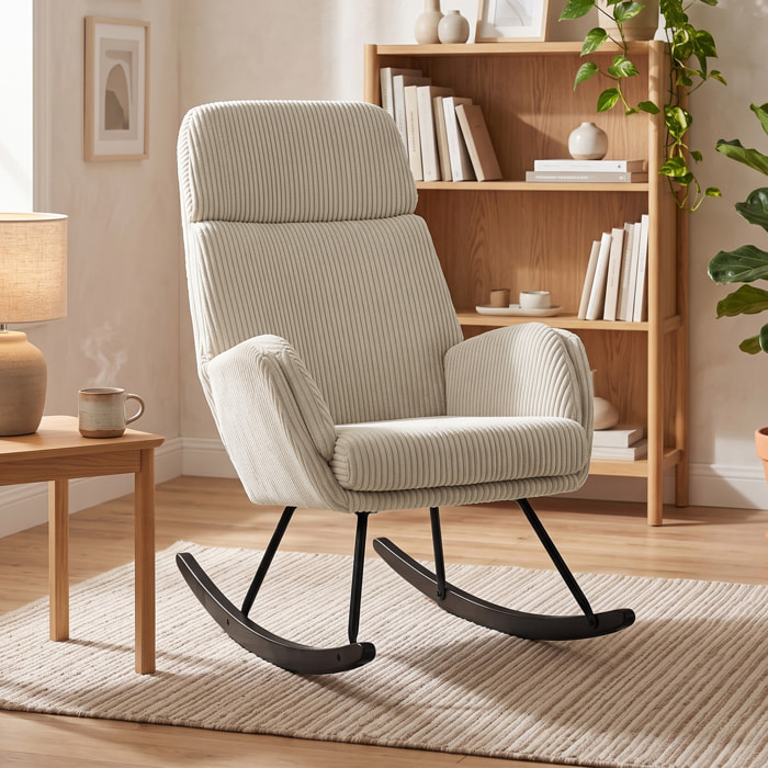 Fauteuil à bascule velours côtelé beige métal bois noir
