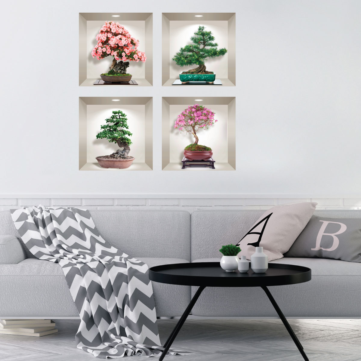 Stickers muraux 3D | Sticker Mural Autocollant effet 3D bonsai des 4 saisons - Stickers adhésifs 3D Chambre Salon Trompe l'oeil