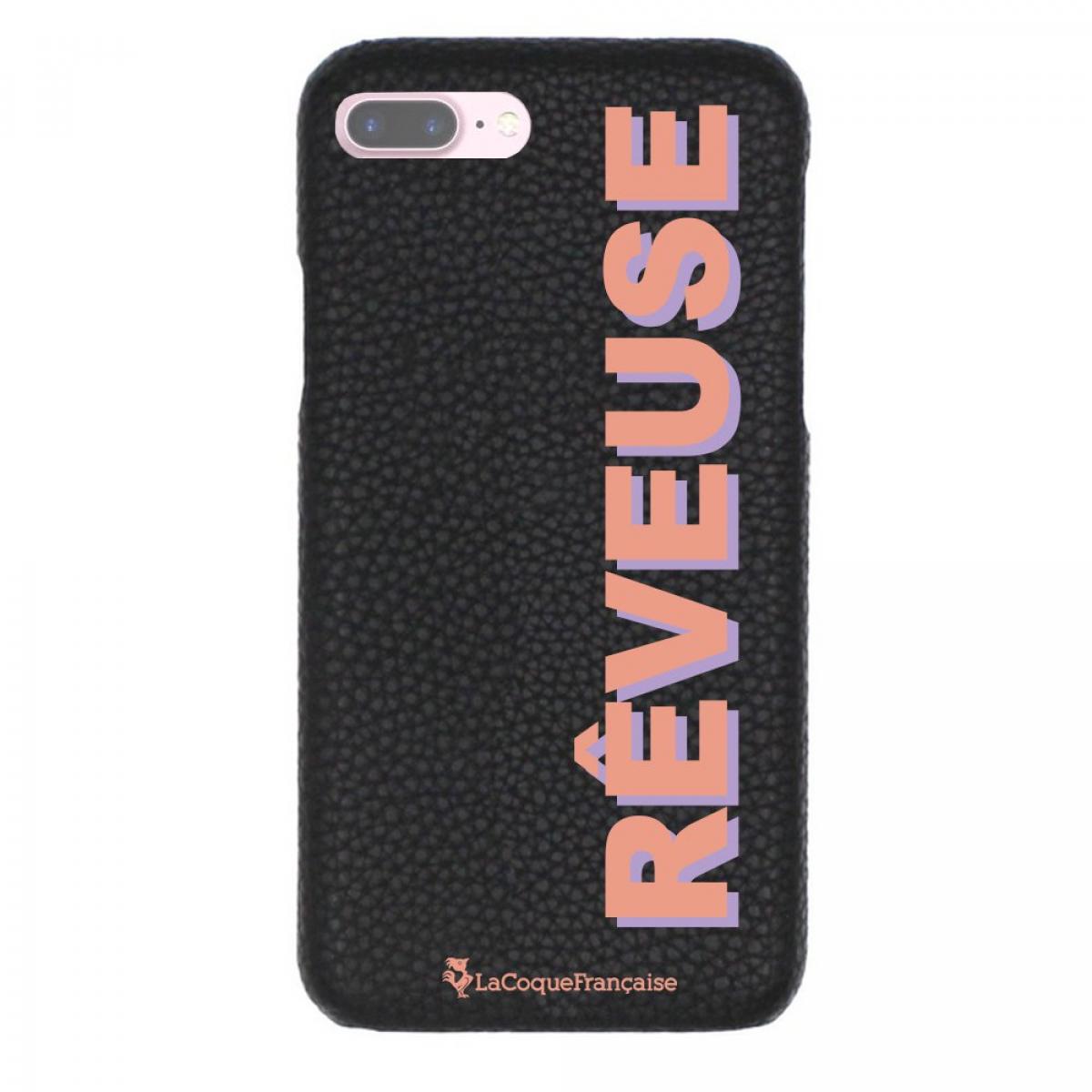 Coque iPhone 7 Plus/ 8 Plus effet cuir grainé noir Rêveuse corail et parme Design La Coque Francaise