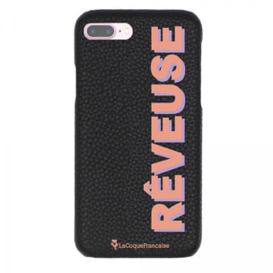 Coque iPhone 7 Plus/ 8 Plus effet cuir grainé noir Rêveuse corail et parme Design La Coque Francaise