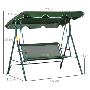 Columpio Balancín de Jardín Exterior de 3 Plazas con Cojín Techo Ajustable y Marco de Acero para Balcón Terraza Patio Carga Máx. 300 kg 172x110x153 cm Raya Verde