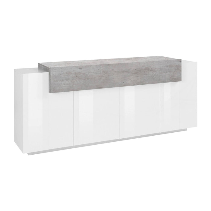 Credenza moderna a 5 ante, Made in Italy, Madia da cucina, Buffet di design da soggiorno, cm 200x45h86, colore Bianco lucido e Cemento