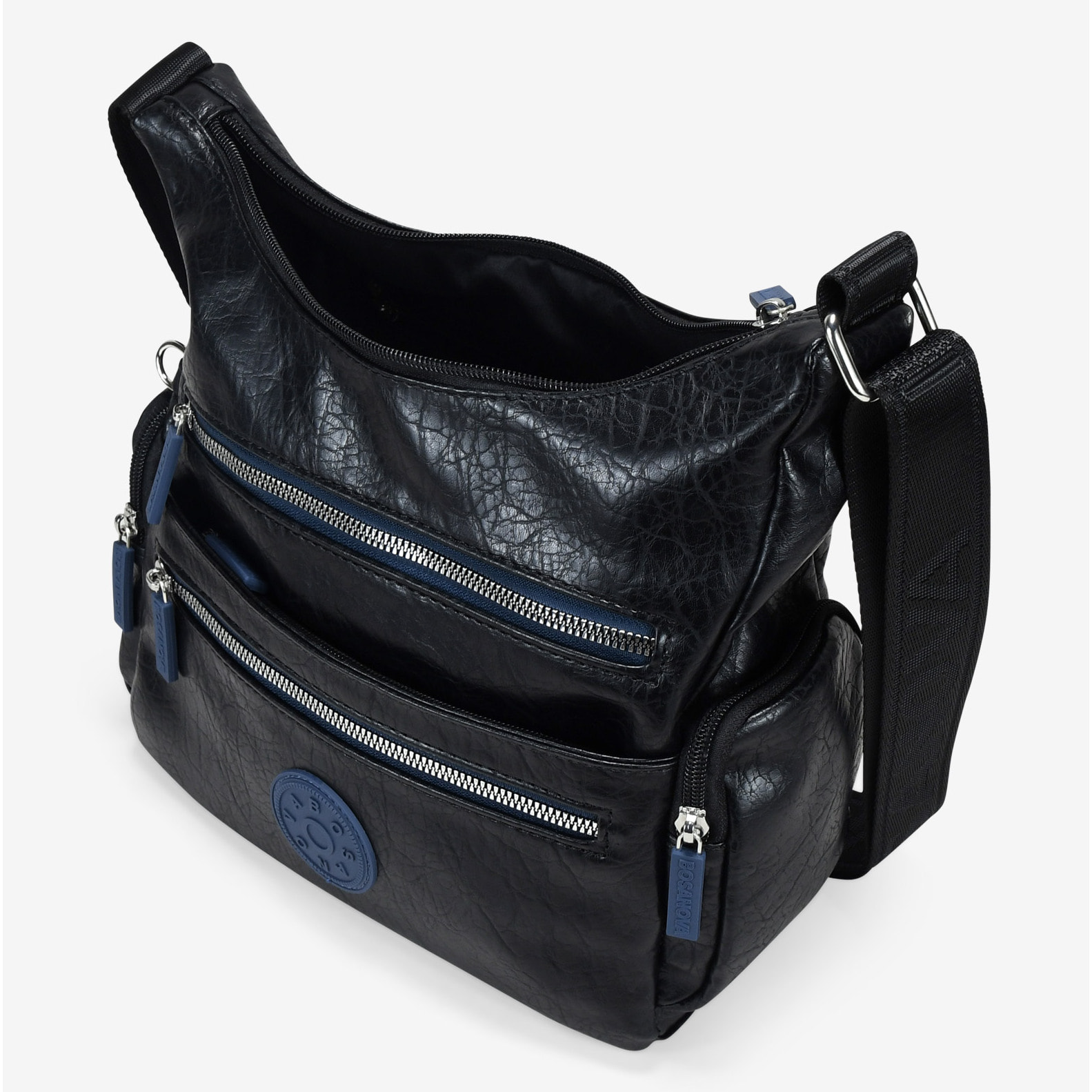 Bolso bandolera negro con cremalleras azules