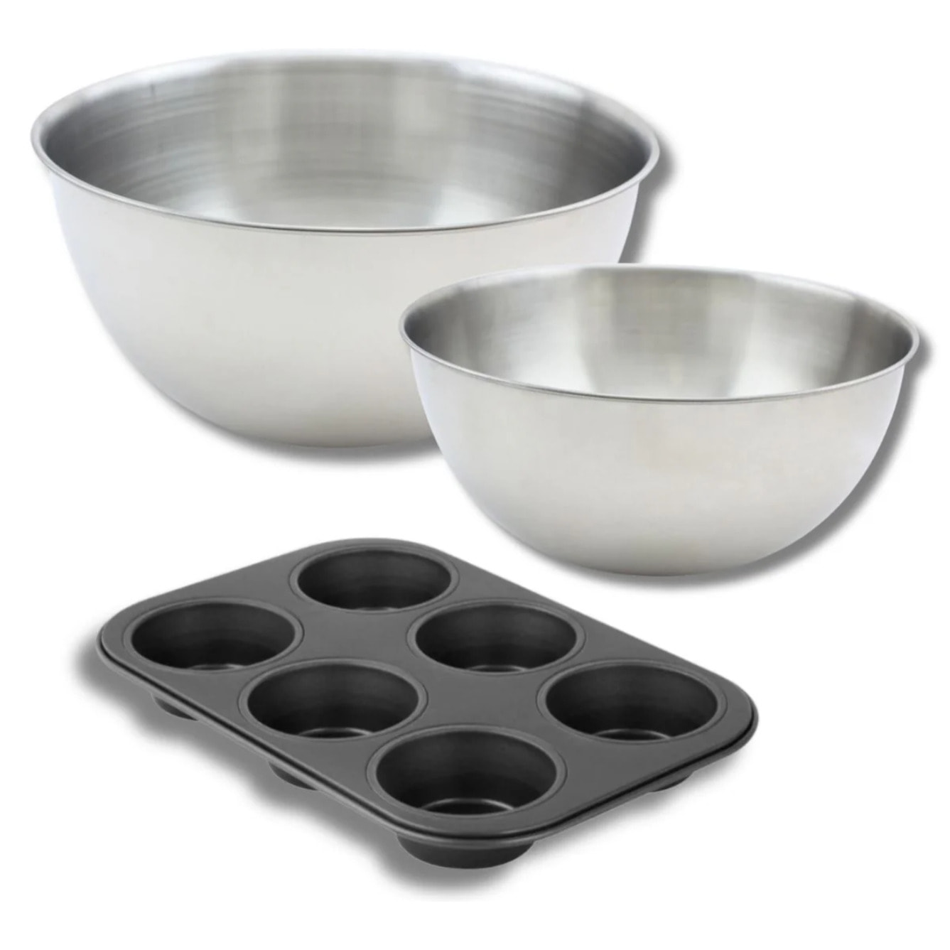 Lot comprenant 1 Moule à Muffins 6 empreintes, 1 spatule Zenker et 2 bols à mixer en inox Fackelmann
