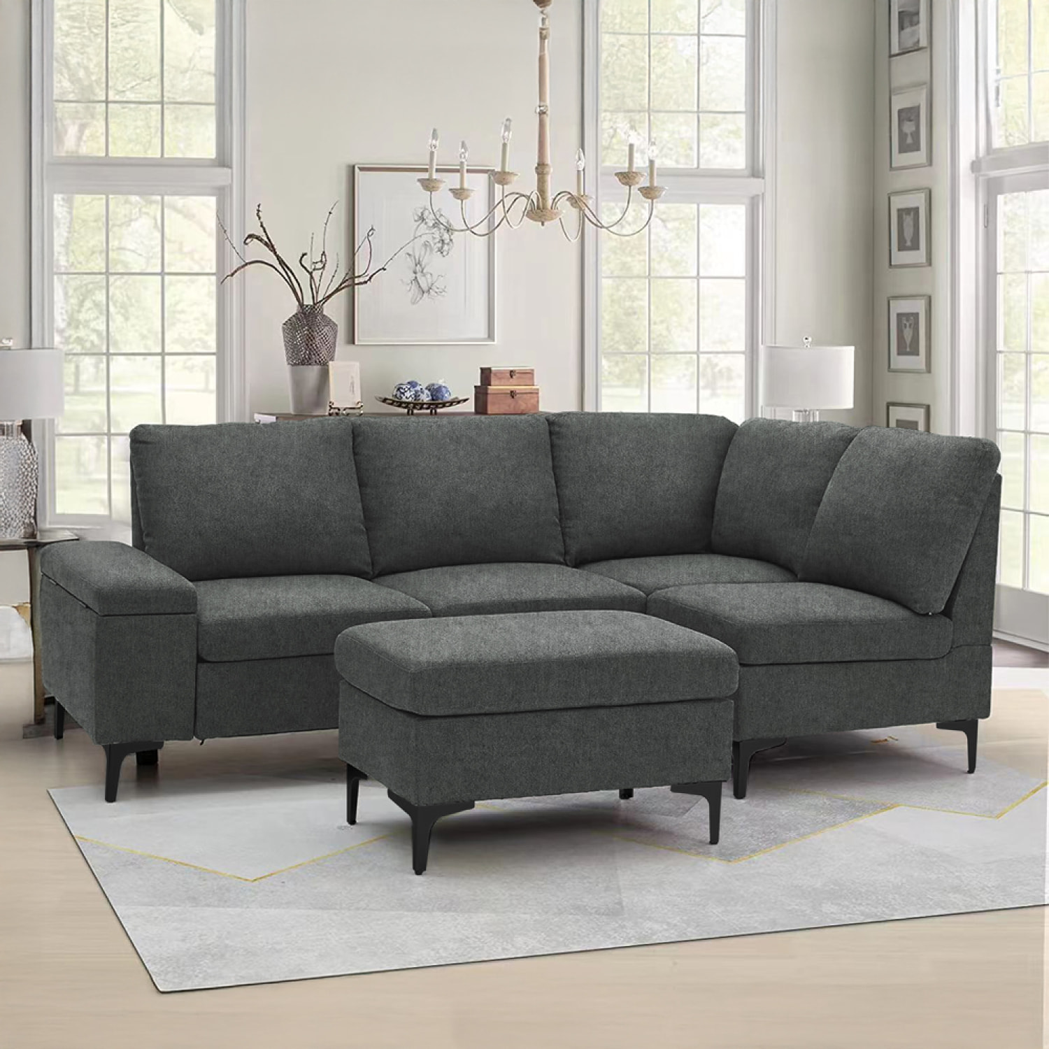 BRADLEY Canapé d'angle 4/5 places en tissu chenille gris anthracite avec pouf