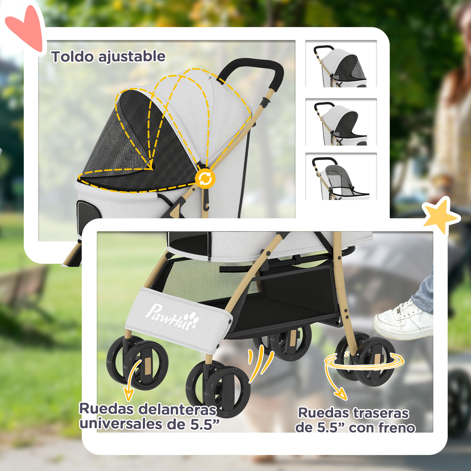 Carrito para Perros Plegable Cochecito para Mascotas con 2 Puertas Ventana de Malla Cesta de Almacenamiento Cuerda de Seguridad y Cojín Carga 15 kg 80x44,5x97 cm Gris Claro