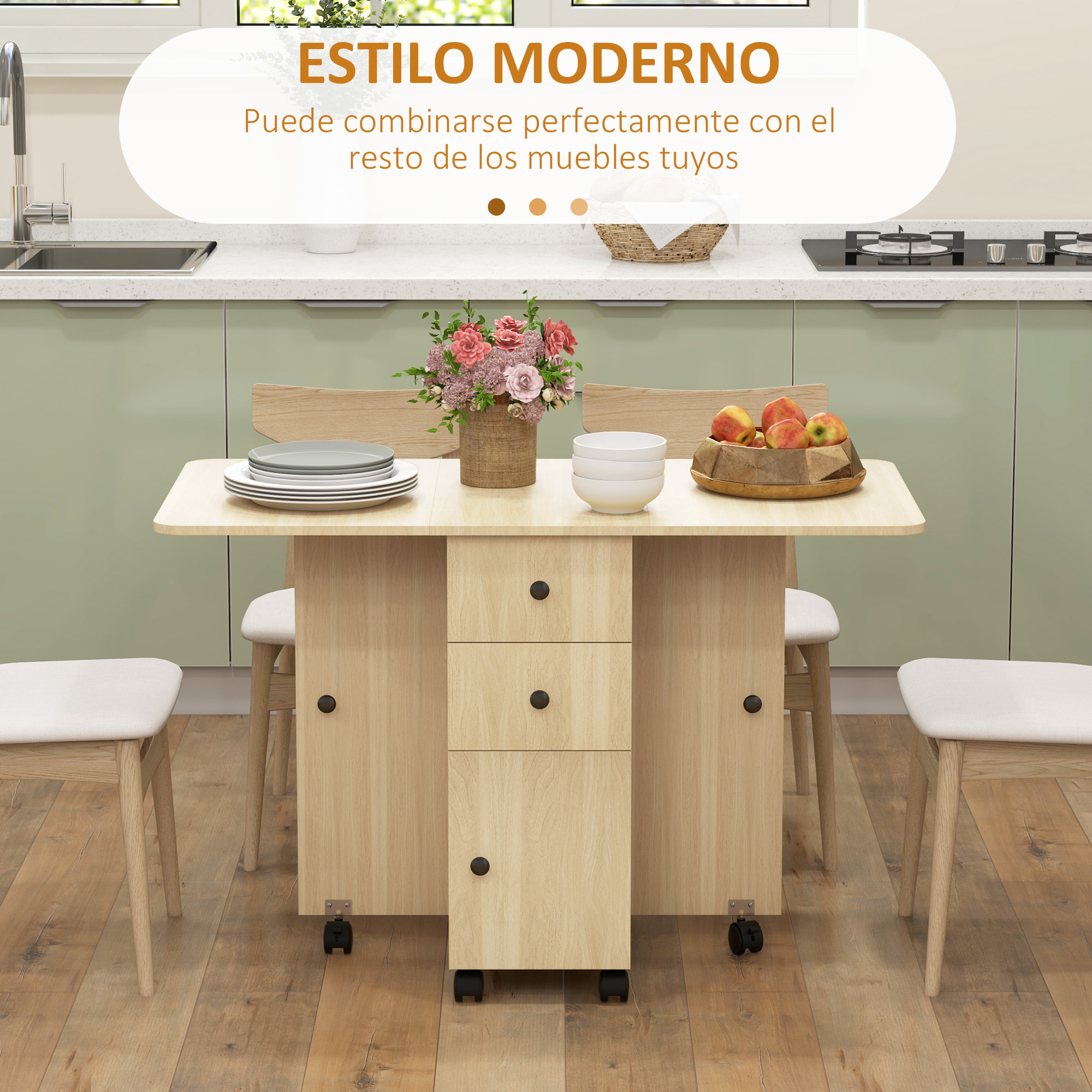 Mesa Plegable de Comedor Mesa de Cocina Plegable con Ruedas Alas Abatibles Cajones y Armario Mesa Plegable para 4-6 Personas 120x60x76,5 cm Natural