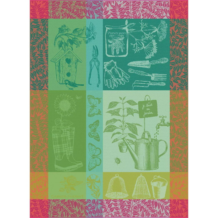 Torchon pur coton motif jacquard multicolore Mon petit jardin printemps