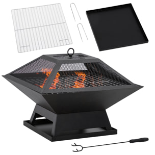 Brasero Exterior de Acero Pozo de Fuego para Jardín Multifuncional con Protector de Chispas y Atizador para Barbacoa Hogueras en Terraza Camping 45x45x34 cm Negro