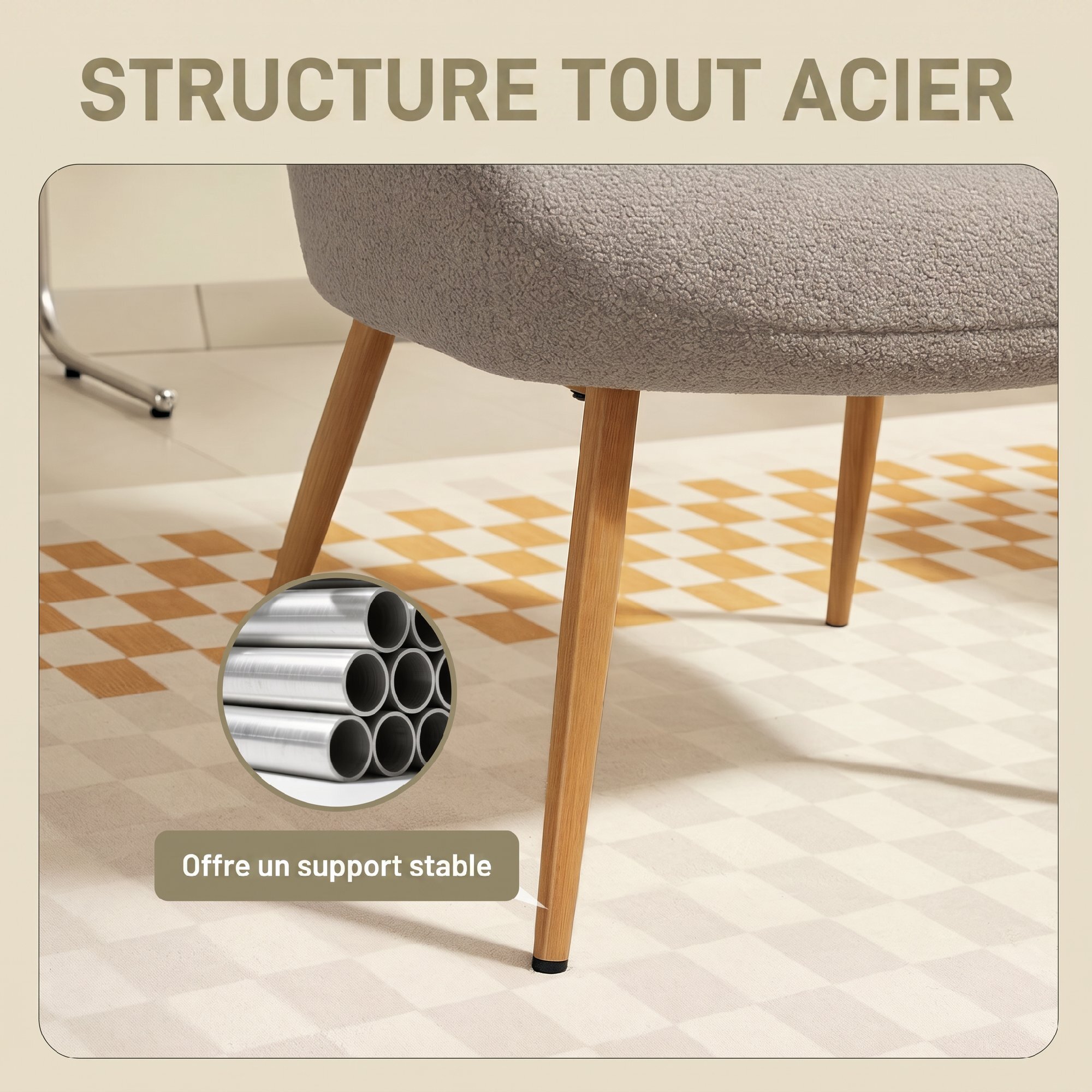 Fauteuil bouclette design à oreilles piètement métal effet bois gris