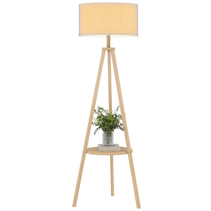 Lámpara de Pie Trípode con Estante Lámpara de Pie Salón con Pantalla de Lino Interruptor de Pie para Sala de Estar Oficina Dormitorio Gris y Natural