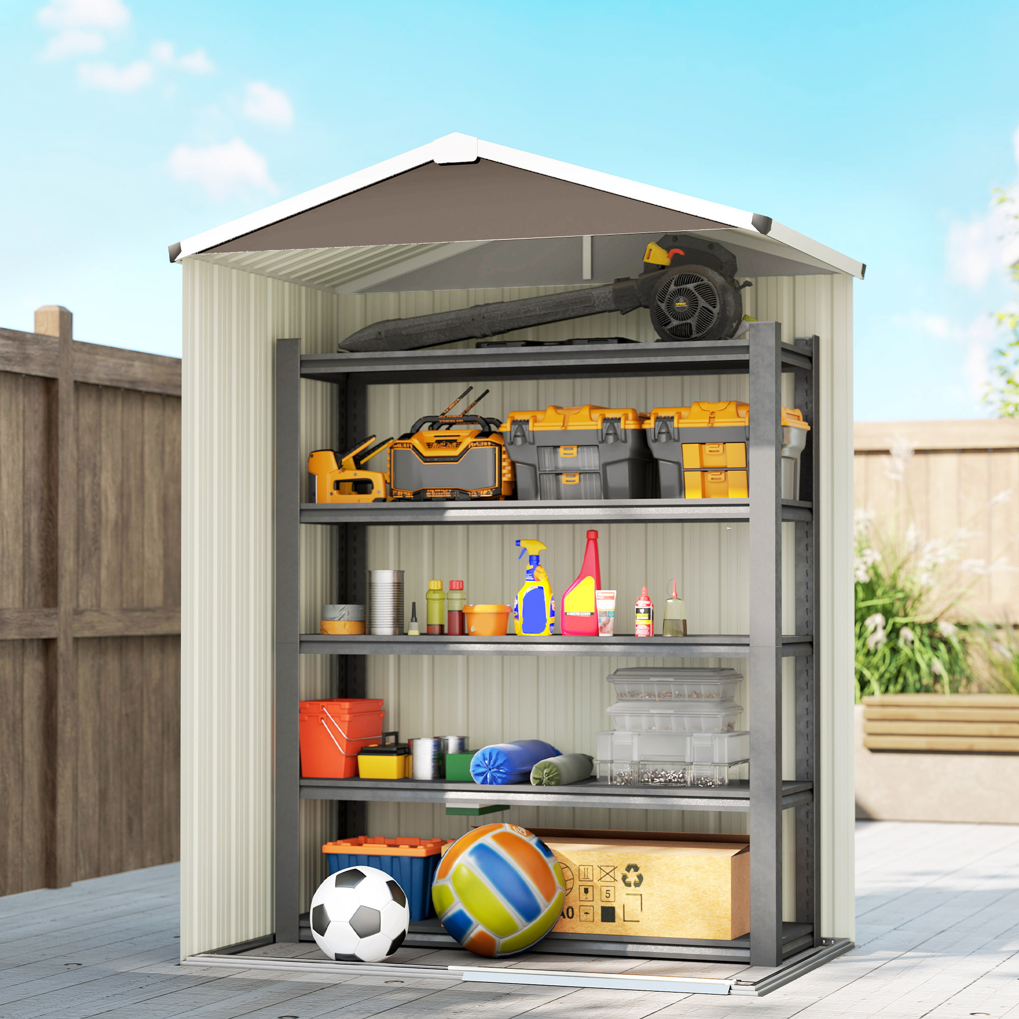 Caseta de Jardín Exterior 1,1 m², 136x87x179 cm, Cobertizo de Jardín Exterior Metálico con Puerta Corredera, Techo Inclinado y Guantes, para Almacenaje de Herramientas Bicicletas, Marrón