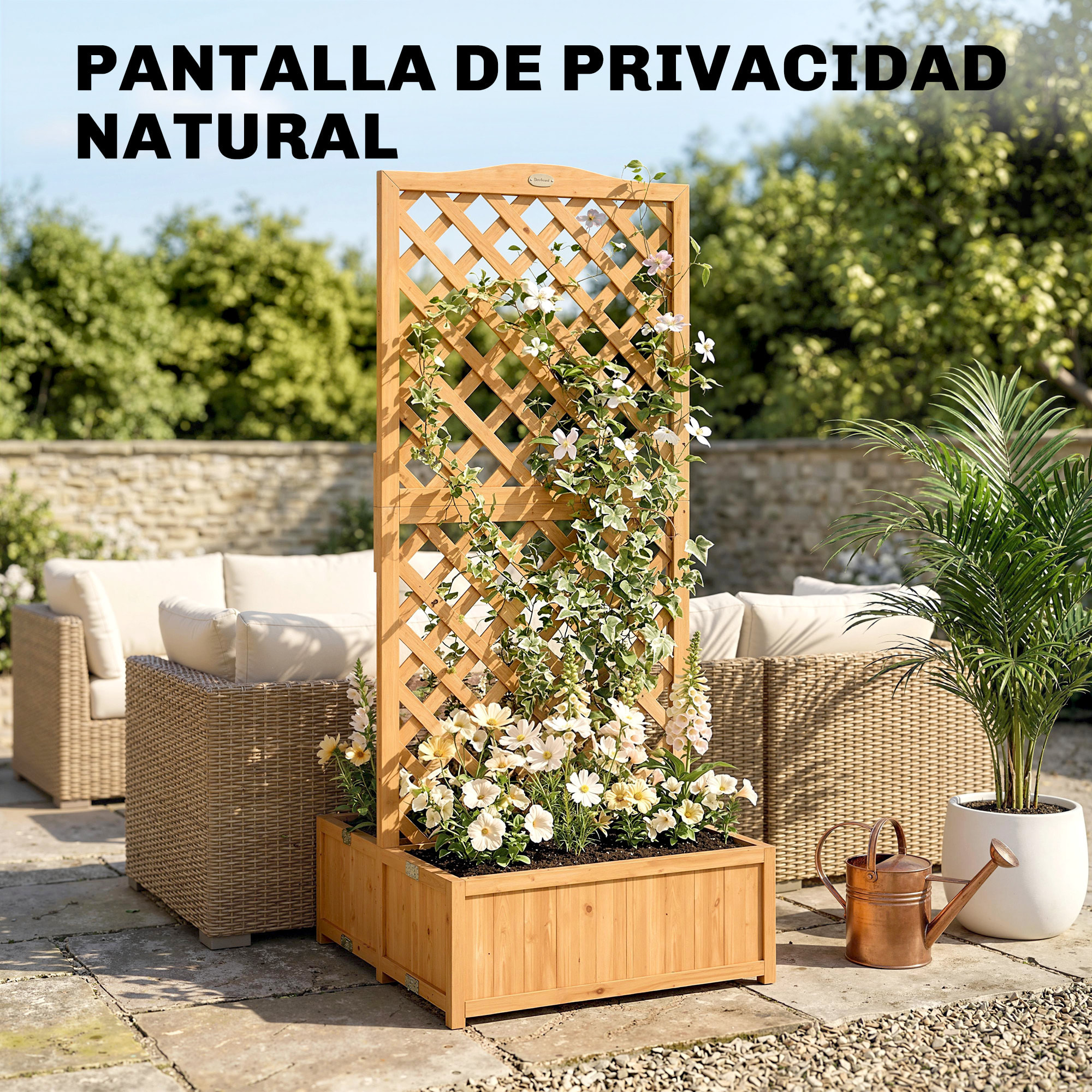 Jardinera con Enrejado de Madera, Jardinera Exterior Grande para Plantas Trepadoras, con 2 Cajas Plegables, Base de Listones, Macetero Elevado para Patio, Terraza, 73x70x170 cm, Natural