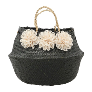 PANIER CACHE POT EN JONC DE MER NOIR AVEC 3 FLEURS D35XH40CM HANOI