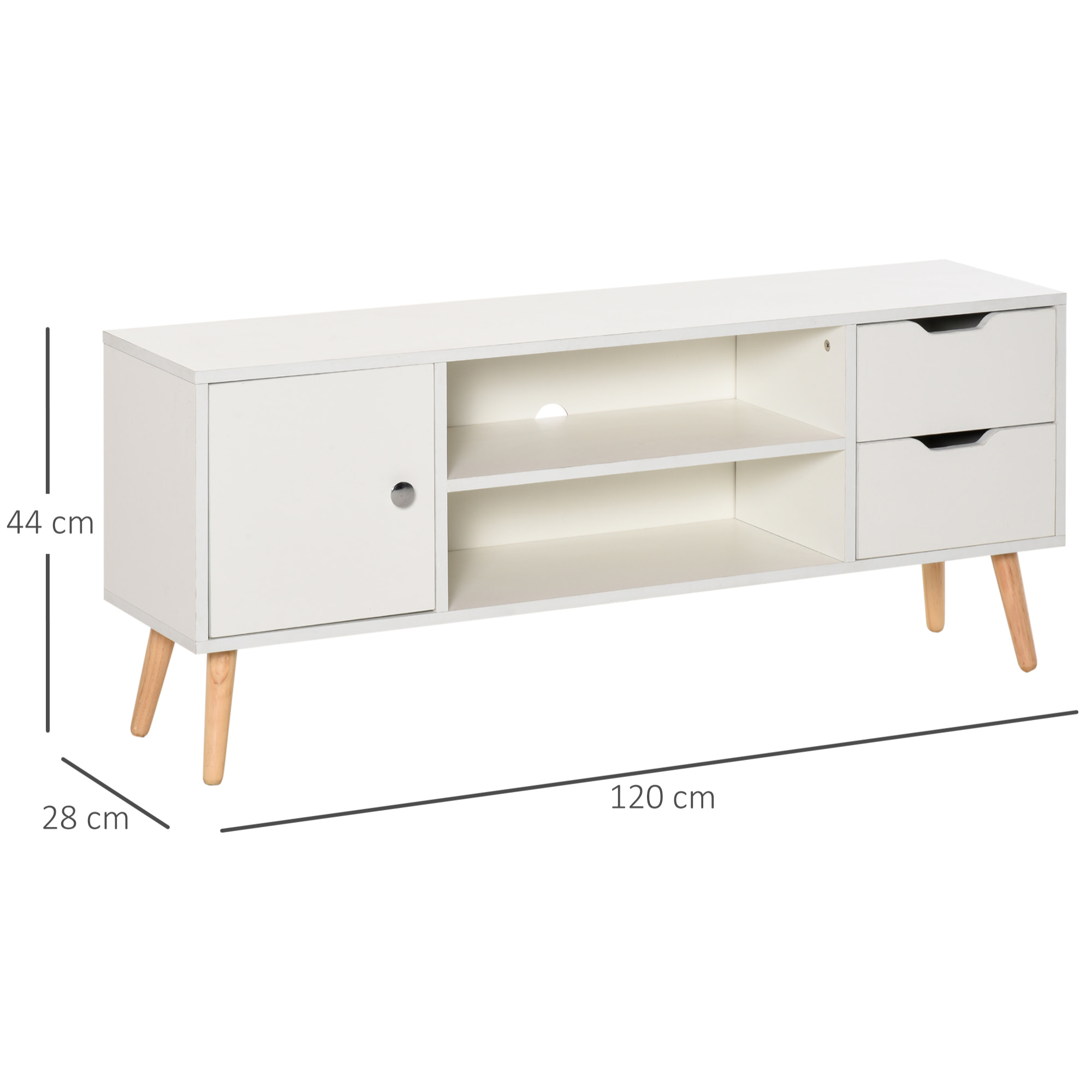 Meuble TV banc TV style scandinave placard 2 niches 2 tiroirs passe-fils panneaux particules blanc bois pin