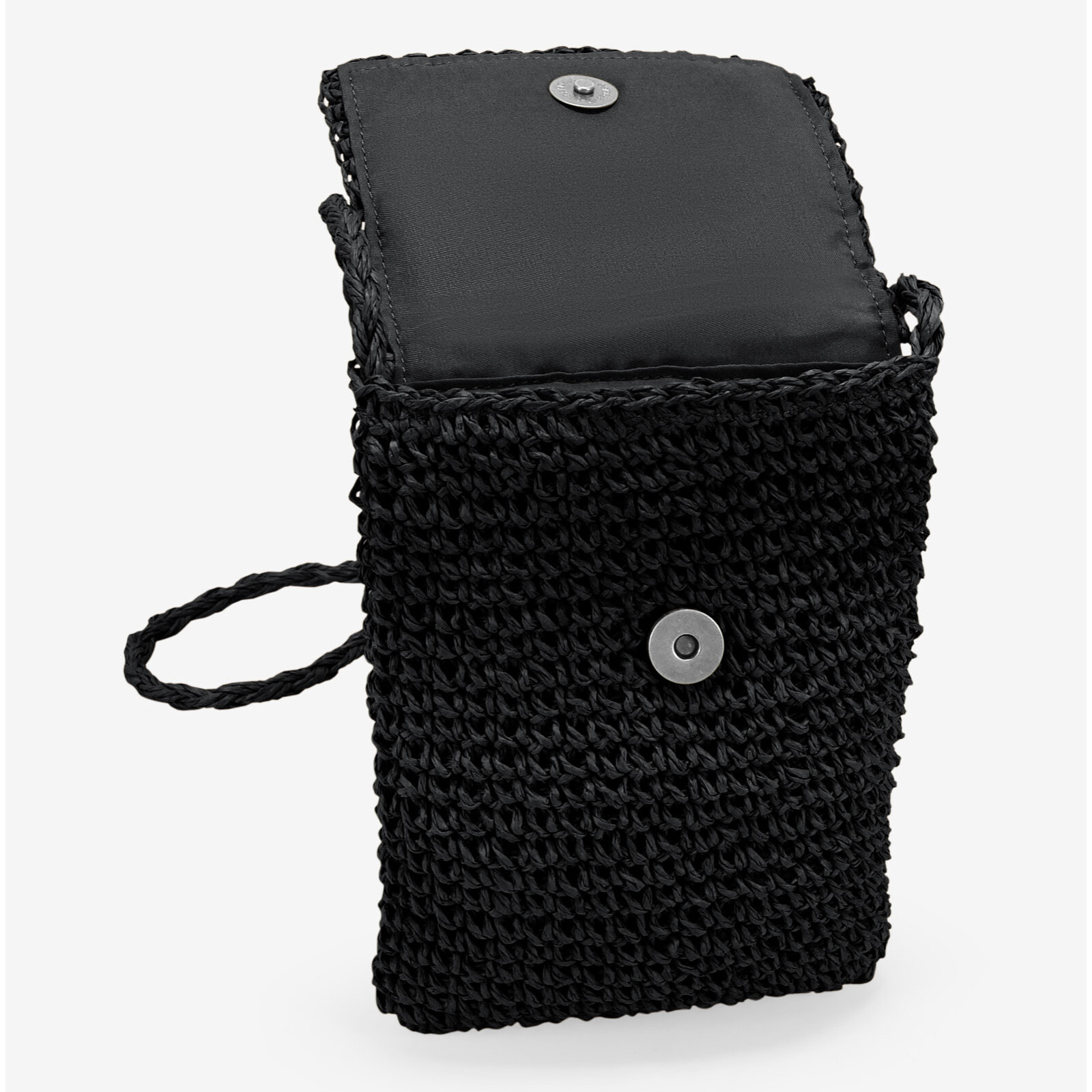 Bolso para móvil negro en rafia con conchas