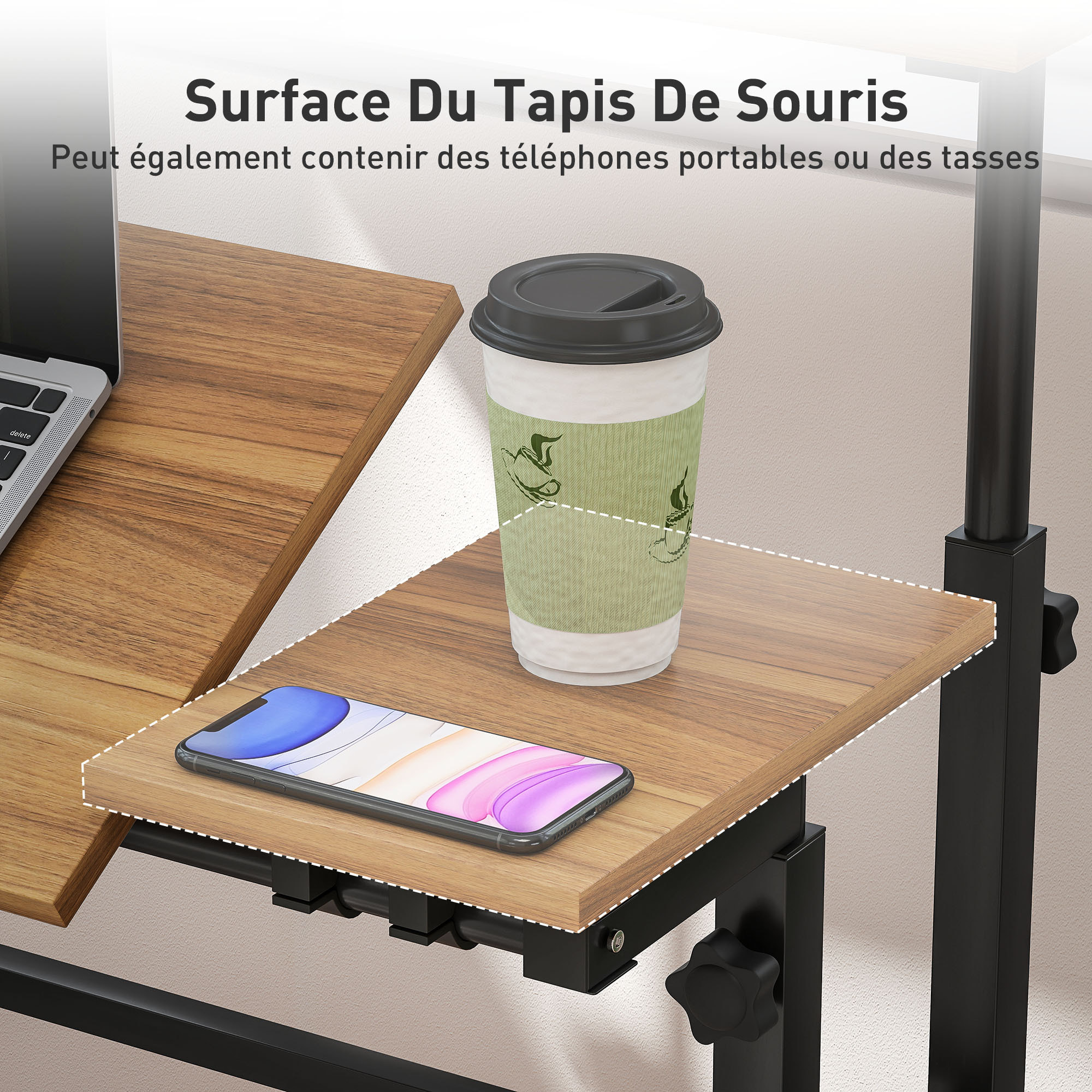 Bureau assis debout inclinable réglable H.70,5-120 cm mobile 3 plateaux métal noir effet bois