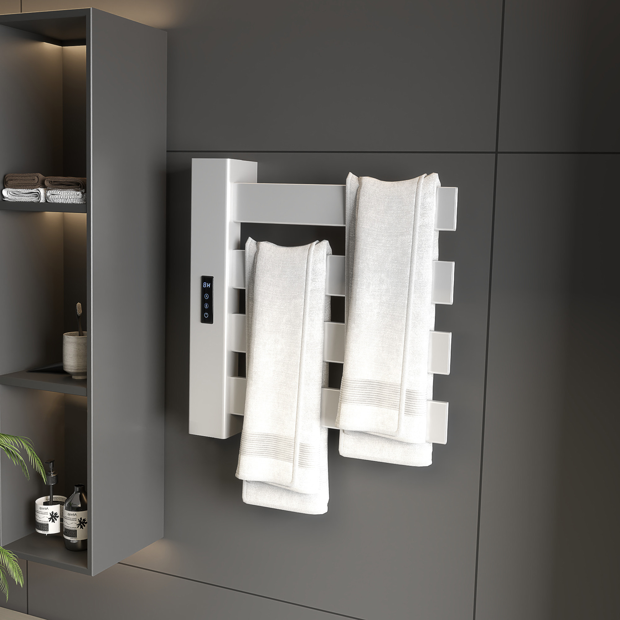 Toallero Eléctrico de Pared 130W Radiador Toallero Eléctrico de Aleación de Aluminio con Control WIFI Pantalla Táctil Temporizador 4 Barras Temperatura Ajustable Bajo Consumo IPX4 Blanco