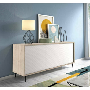 Credenza Fresia, Mobile buffet a 3 ante e 1 ripiano regolabile, Madia elegante da soggiorno, Mobile porta TV, 100% Made in Italy, Cm 184x45h77, Bianco e Rovere