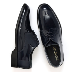 Derby stringate in pelle verniciata con fondo cuoio antiscivolo Blu