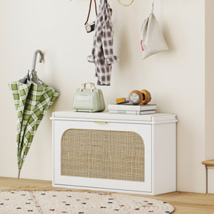 Banc à chaussures style bohème porte façade rotin poignée dorée coussin intégré blanc