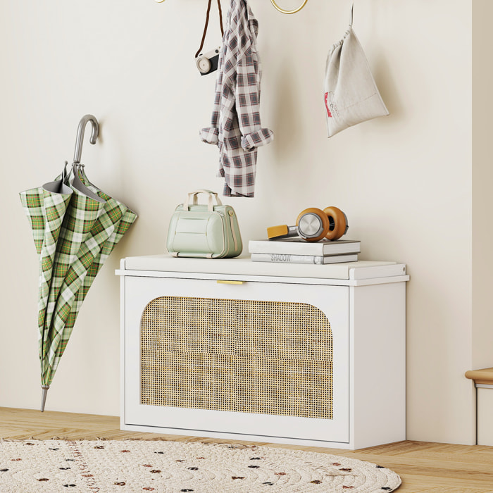 Banc à chaussures style bohème porte façade rotin poignée dorée coussin intégré blanc