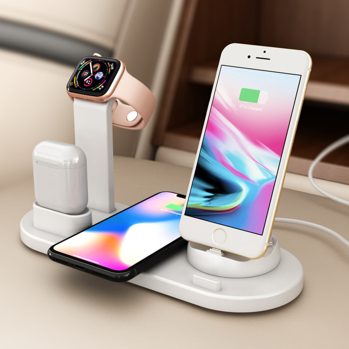 Base de carga 4 en 1 con carga inalámbrica QI, soporte giratorio con conexión lightning, micro USB y USB-C. Stand para Apple Watch y soporte con carga para Airpods.