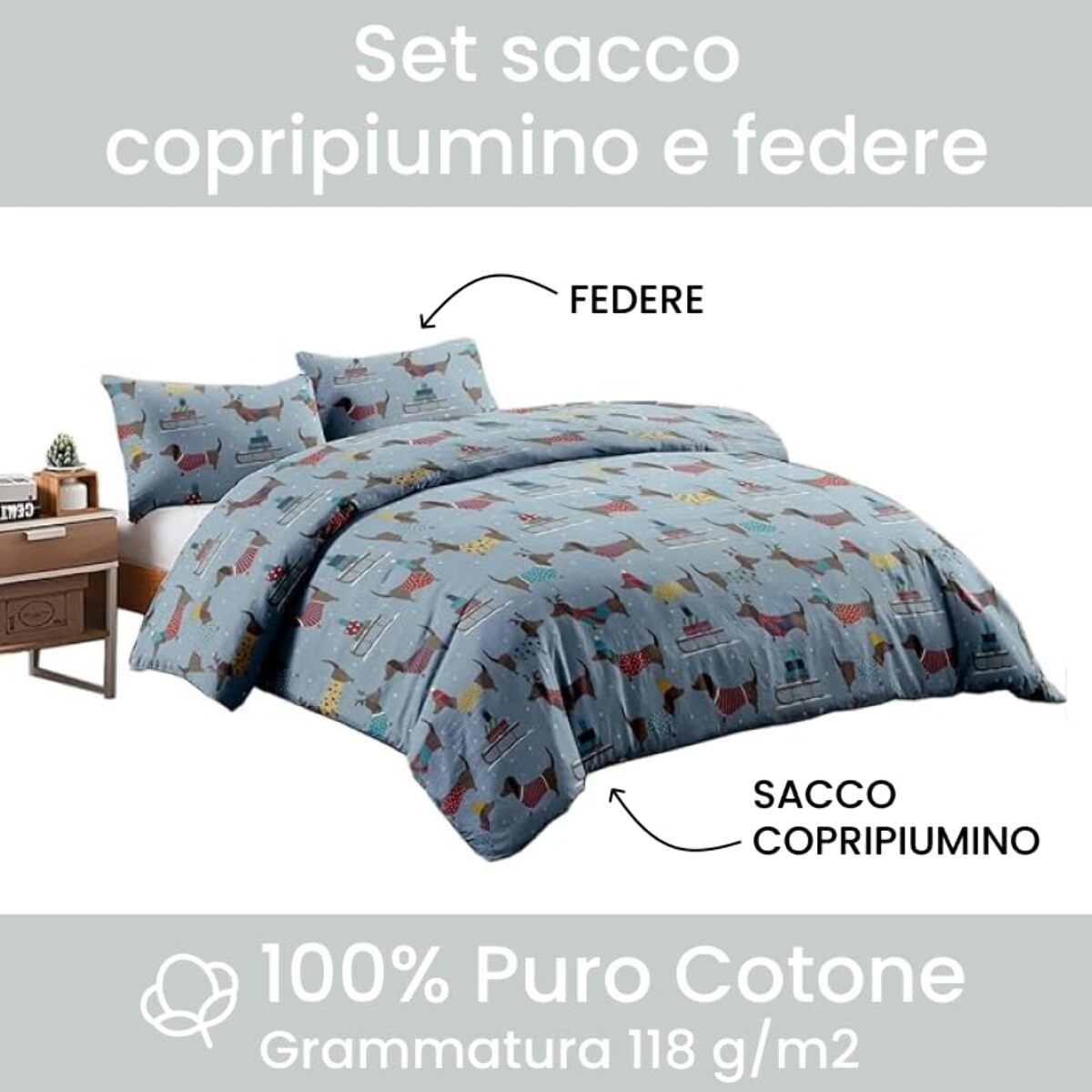 Set copripiumino singolo in cotone con sacco e federa, morbido e traspirante, leggero e resistente 118 g/m², ideale per uso quotidiano, certificato OEKO-TEX, facile da lavare, comfort naturale e praticità per la biancheria da letto