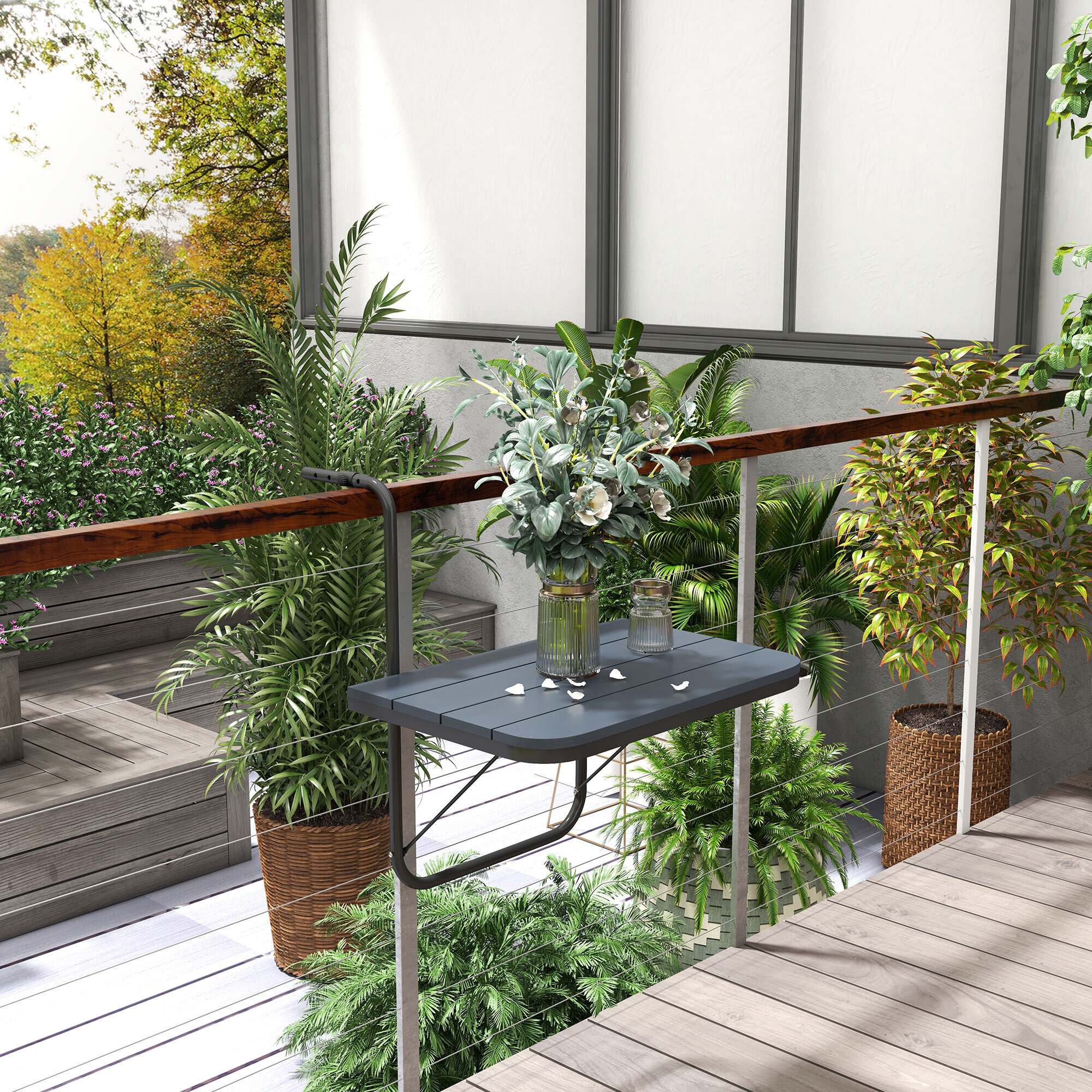 Mesa Colgante de Balcón, Mesa Plegable para Balcón de Aluminio para Barandilla, con Altura Ajustable en 4 Niveles, Adaptable a 4 Anchos, Carga 25 kg, para Jardín, 60x40x55-64 cm, Negro