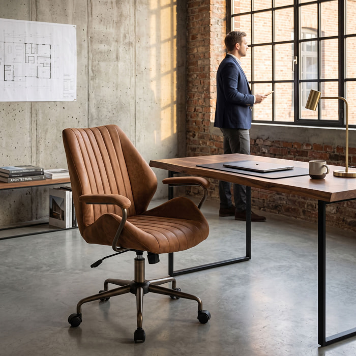Havana - Sedia Da Ufficio 45x92x37 cm Poltrona Industrial Chic in Camoscio Suade Base a Stella in Bronzo Spazzolato