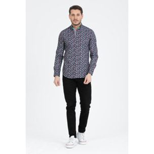 Camicia Uomo 1 Bottoni Button Down Slim Popeline Stampato Nero/Bianco