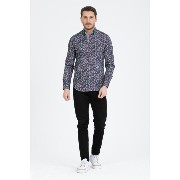 Camicia Uomo 1 Bottoni Button Down Slim Popeline Stampato Nero/Bianco