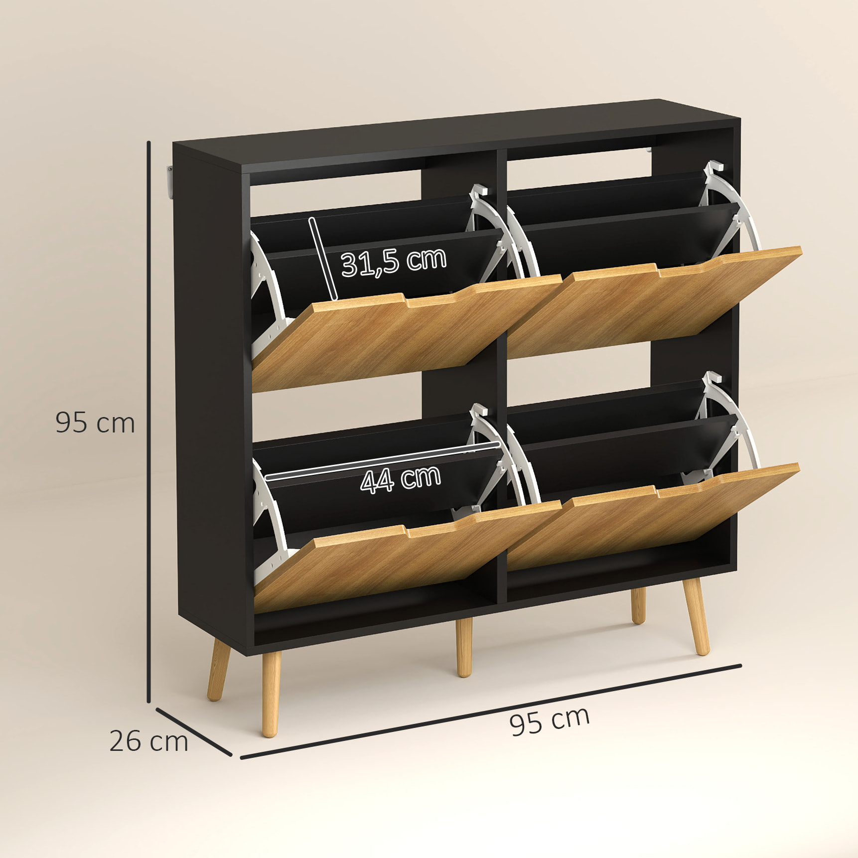 Zapatero Estrecho con 4 Cajones Abatibles, Zapatero Entrada Recibidor con Patas de Madera y Estantes Ajustables, para 16 Pares de Zapatos, para Pasillo, 95x26x95 cm, Natural y Negro