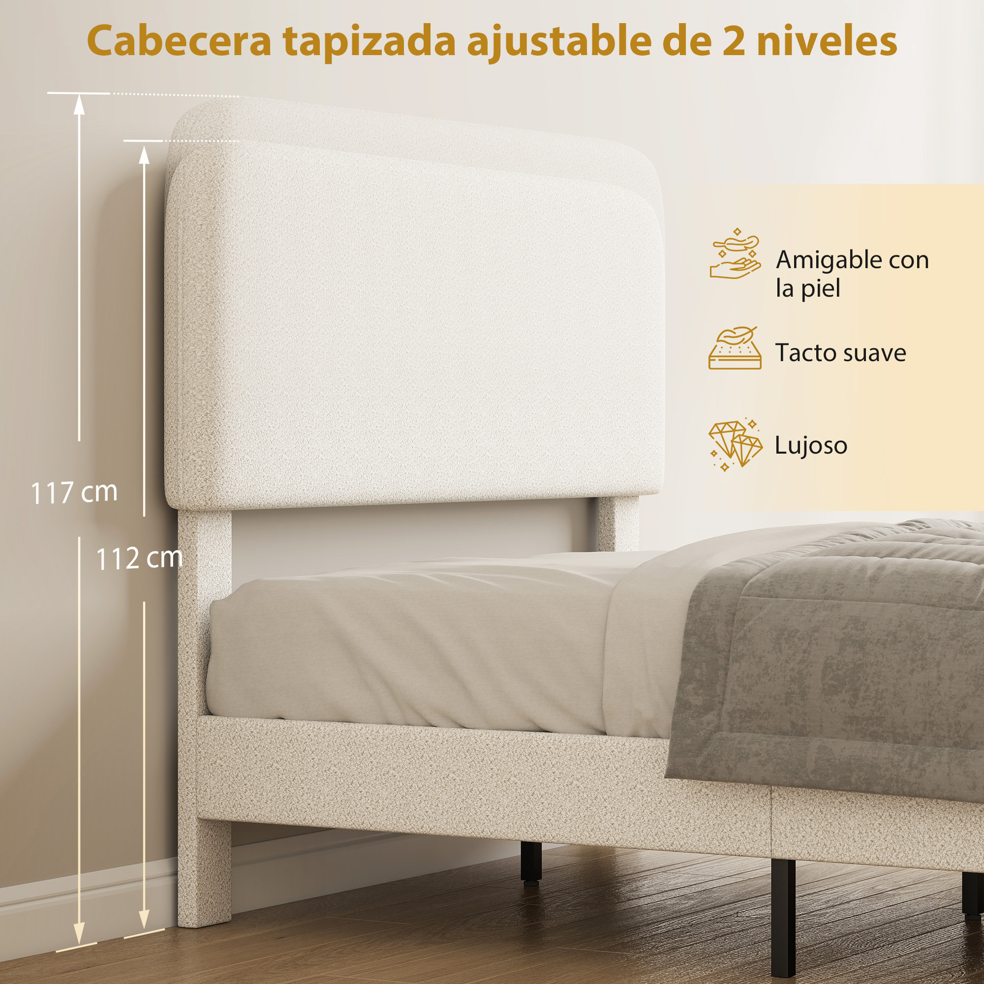 Cama Tapizada en Borreguito, 135x190 cm, Cama Matrimonio con Cabecero Ajustable en Altura, Listones de Madera, Blanco