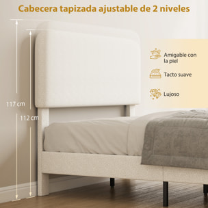 Cama Tapizada en Borreguito, 135x190 cm, Cama Matrimonio con Cabecero Ajustable en Altura, Listones de Madera, Blanco