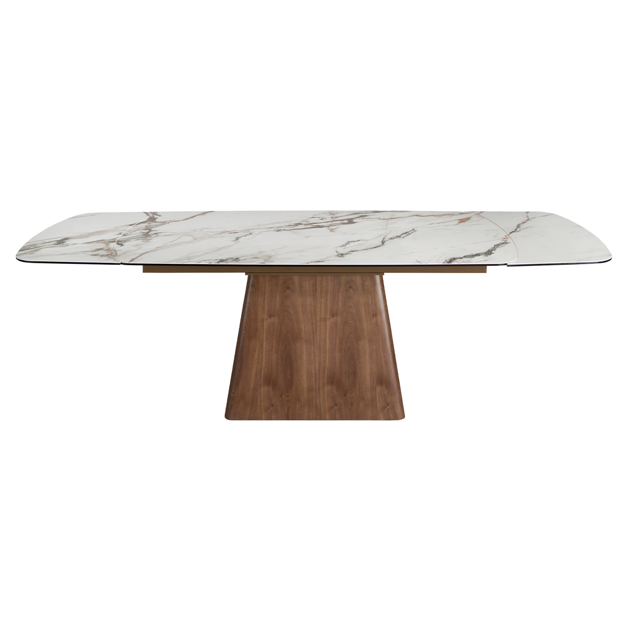 Mesa comedor extensible rectangular con tapa de mármol porcelánico en blanco con vetas marrones en acabado mate 180x100x78cm