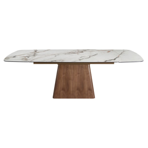 Mesa comedor extensible rectangular con tapa de mármol porcelánico en blanco con vetas marrones en acabado mate 180x100x78cm