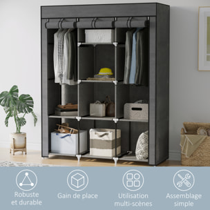 Armoire penderie multi-rangement - 8 étagères, 2 barres - dim. 125L x 43l x 162,5H cm - acier noir non tissé gris