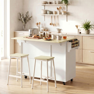 Isla de Cocina con Encimera Abatible, Carrito de Cocina con Puertas Correderas de Vidrio, Botellero, Ruedas, Cajón, Especiero y Estante Ajustable, Blanco y Roble