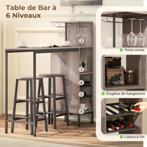 Ensemble bar multi-rangement 2 tabourets métal noir effet bois naturel