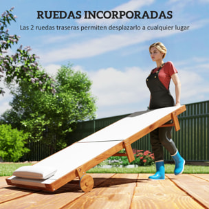 Tumbona Reclinable de Madera con Ruedas Tumbona Jardín Exterior con Respaldo Ajustable en 4 Niveles y Reposacabezas Carga 120 kg para Patio Terraza Balcón 200x84x101 cm Blanca y Teca