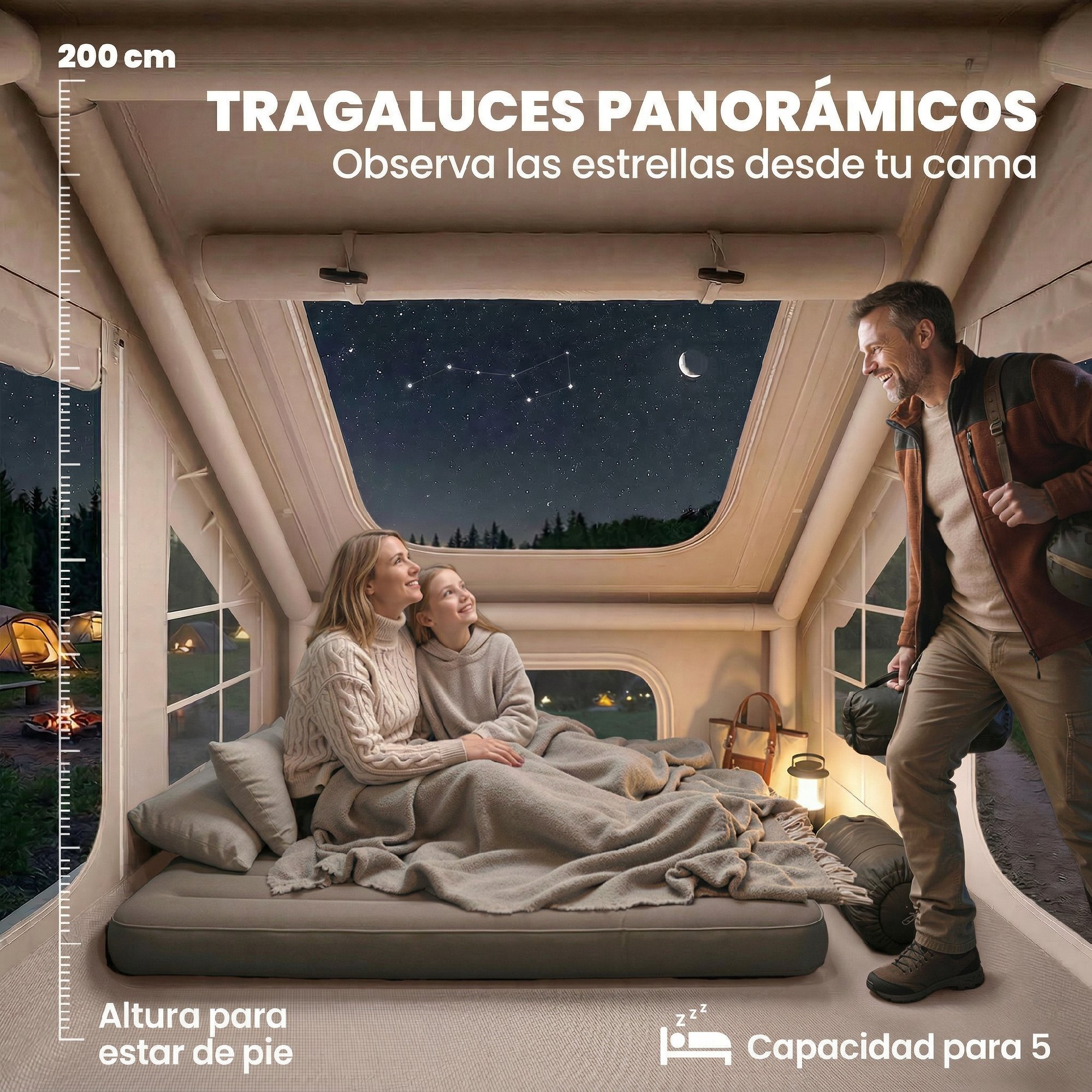 Tienda de Campaña Inflable Glamping para 5–8 Personas con Apertura de Chimenea y Claraboya Bomba UPF30+ Bolsa para 4 Estaciones Instantáneo Resistente al Viento Tela Oxford Impermeable 5000+