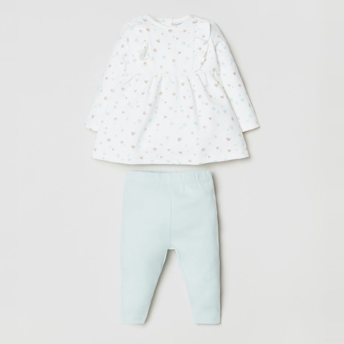 Vestido completo + leggings - color sólido - volantes - blanco y azul