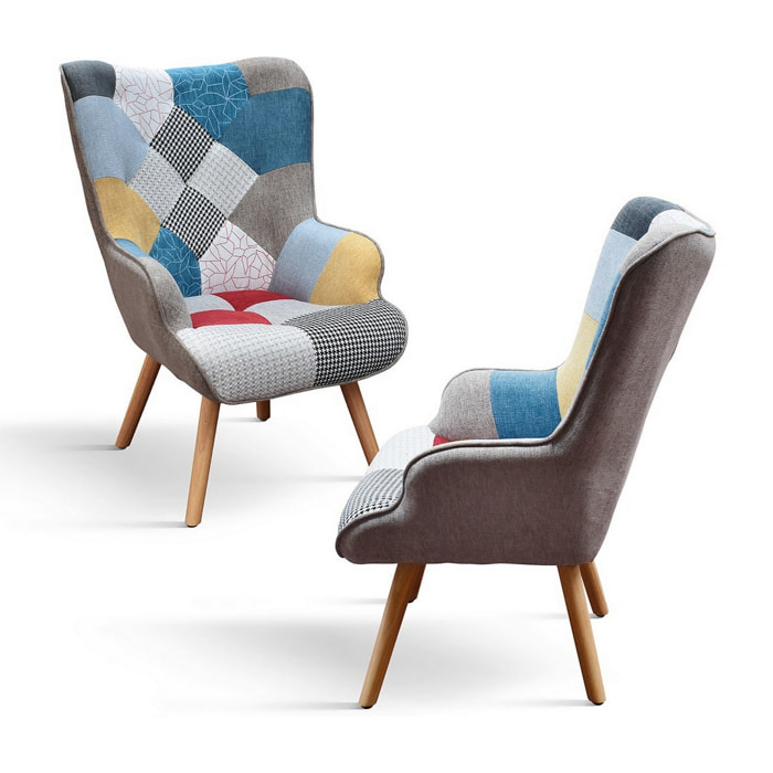 Poltrona HAVANA in tessuto patchwork multicolore e gambe in legno