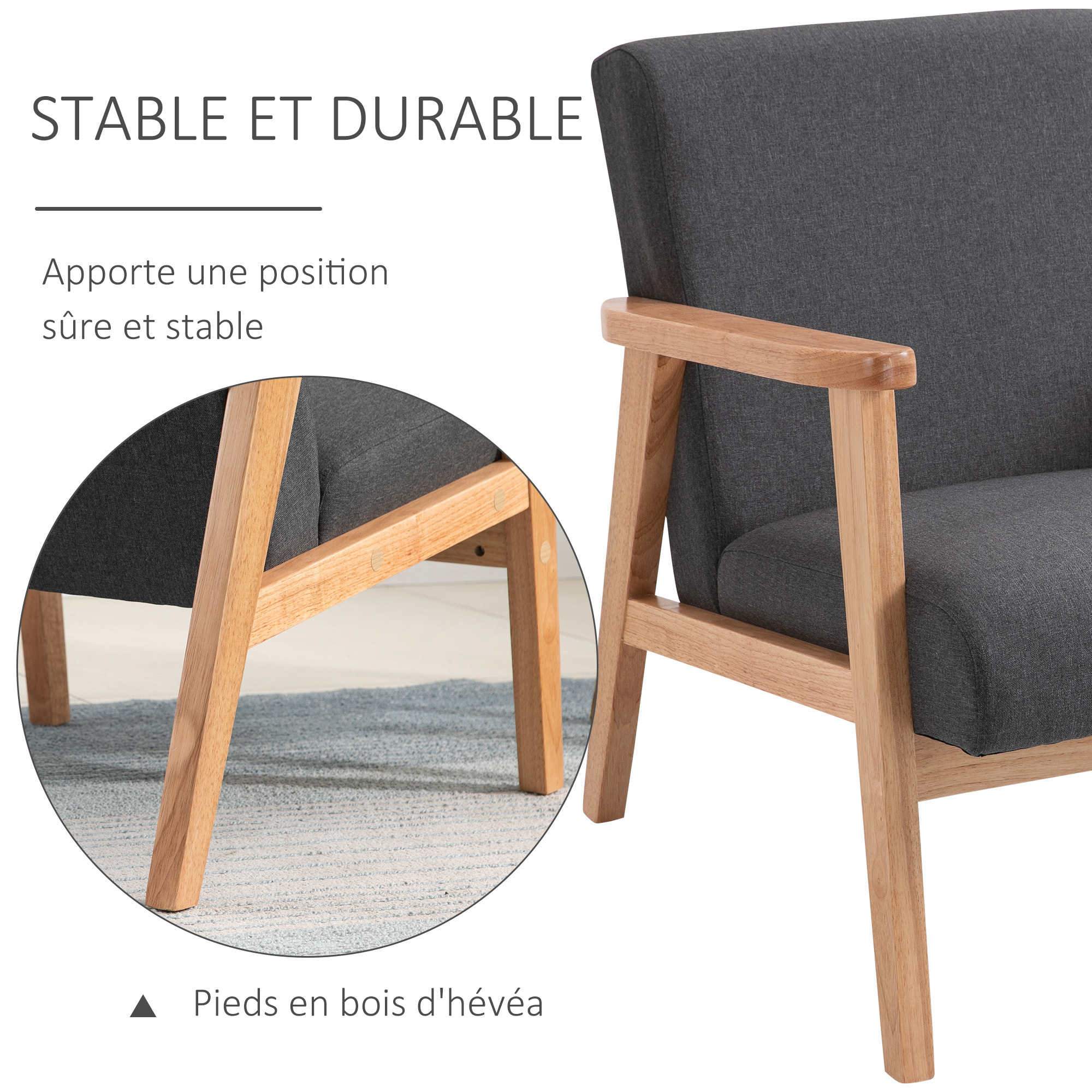 Fauteuil lounge style néo-rétro assise dossier ergonomique accoudoirs structure bois hévéa revêtement lin gris foncé